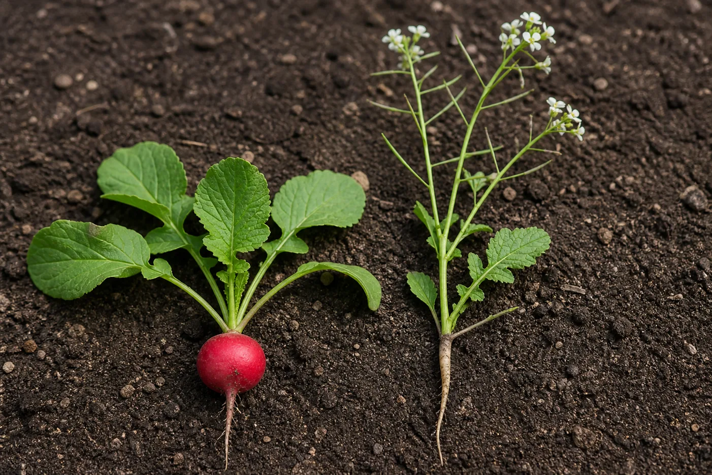 A healthy radish plant with a firm round red root beside a bolted plant carrying a tall flowering stem and a thin woody root that never swelled