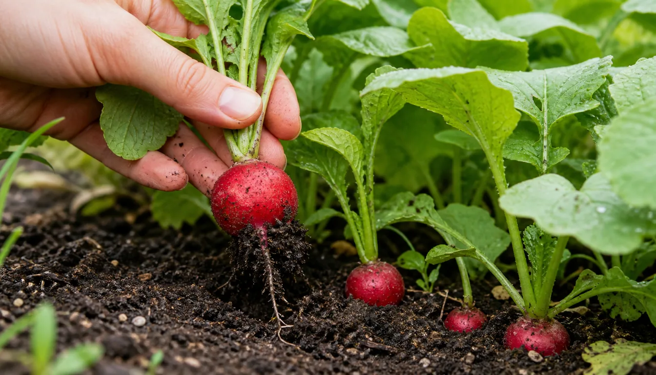 Hand lifting one red radish by its leafy top while smaller roots remain in the garden row