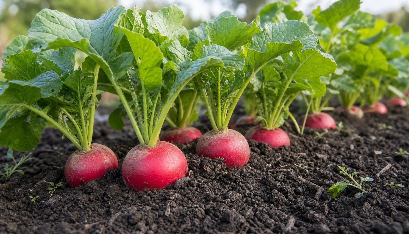 Red radishes partly exposed in loose garden soil with leafy tops in a cool vegetable bed