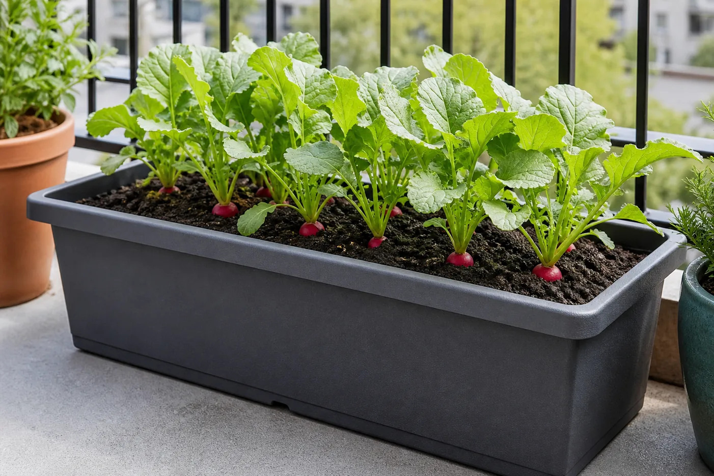Radishes growing in a deep rectangular balcony planter with evenly spaced leaf rosettes and red shoulders showing at the soil surface