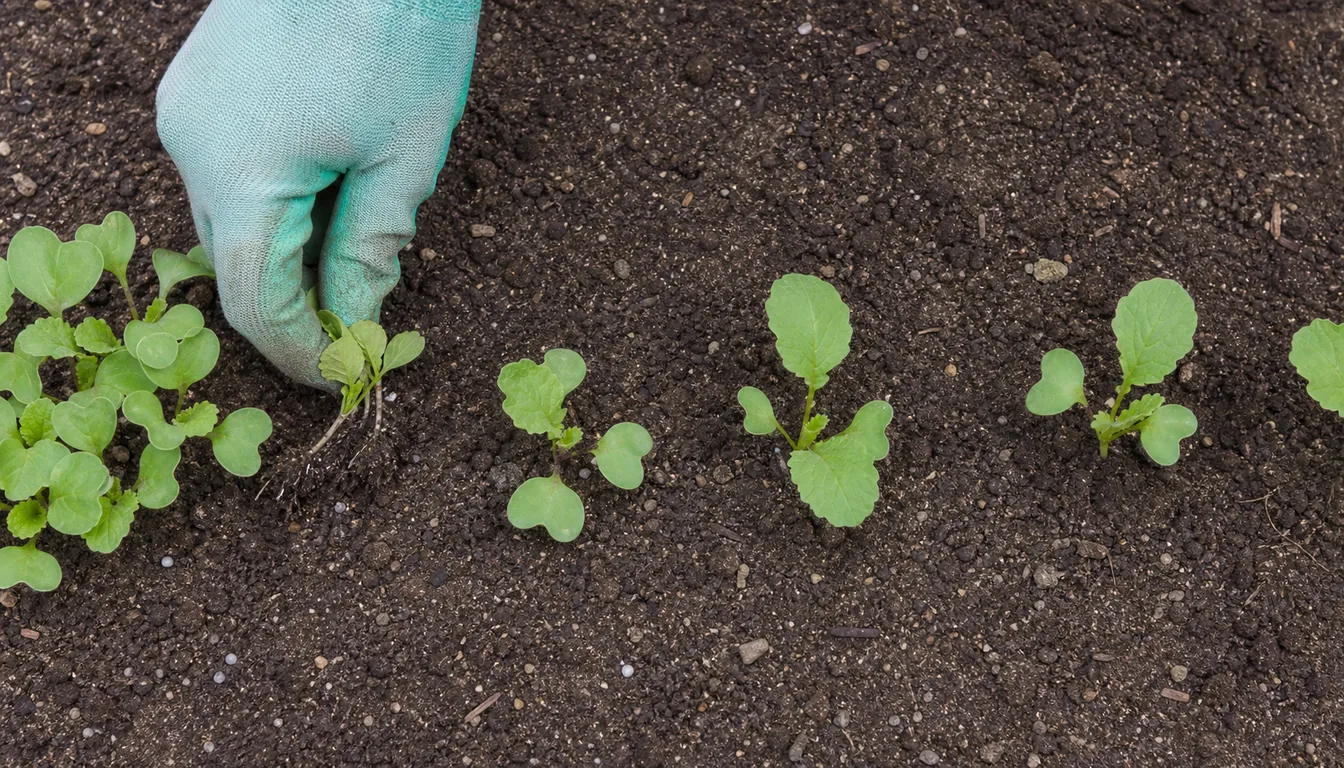 Radish seedlings being thinned in loose soil with spacing gaps between young plants