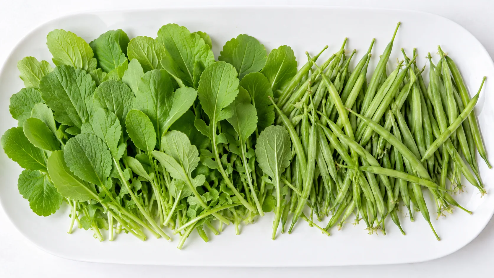 Young radish leaves and slim green radish seed pods arranged together on a plain plate