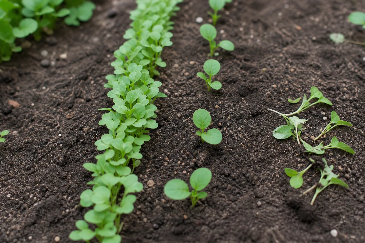A radish seedling row with crowded seedlings on one side and evenly thinned seedlings about two inches apart on the other, with snipped seedlings lying beside the row