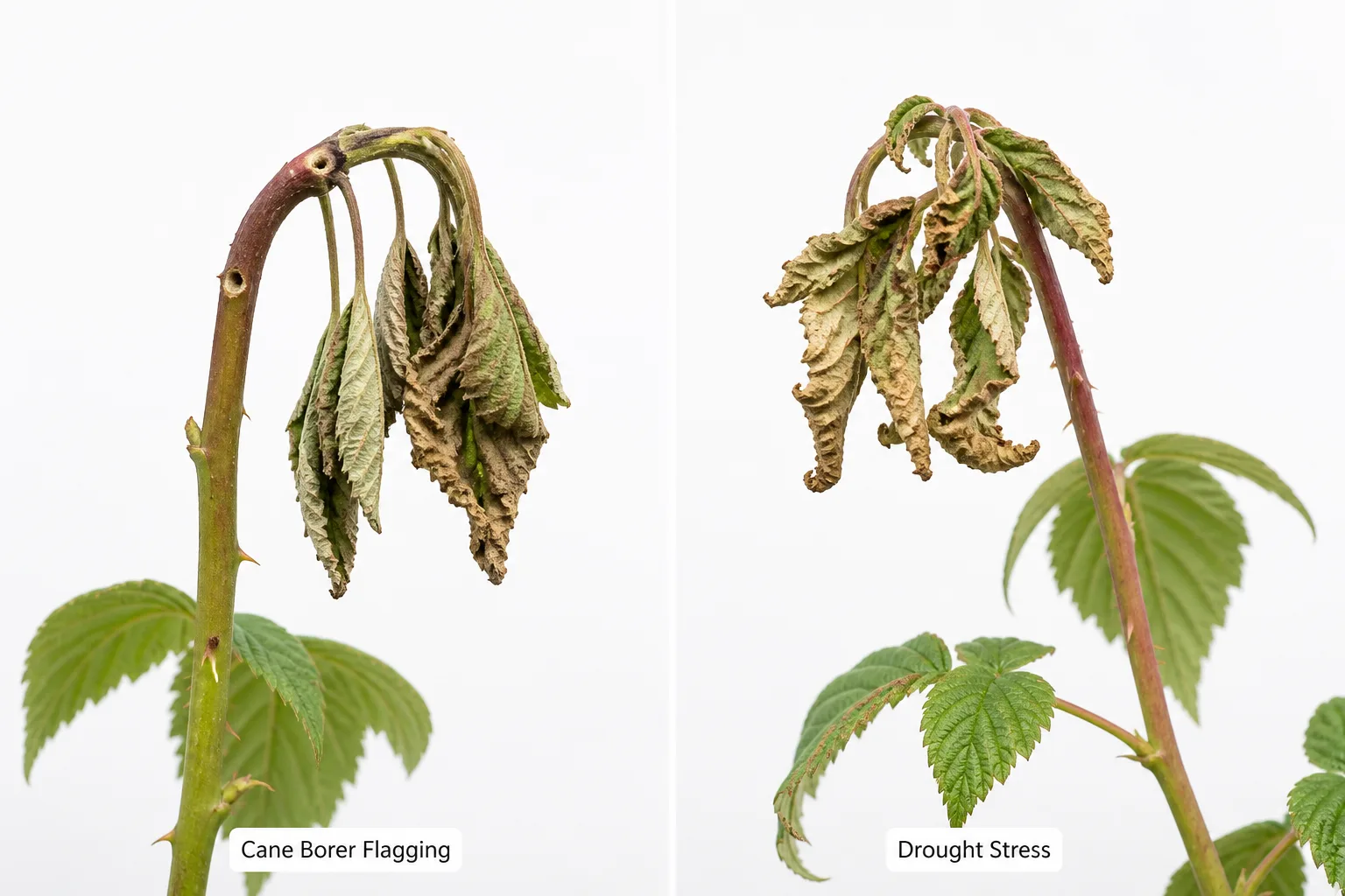 Side-by-side comparison of a raspberry cane tip wilted from cane borer flagging with a visible entry hole beside a raspberry cane tip curling from drought stress with no entry hole