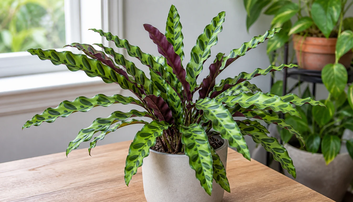 Rattlesnake plant in a pot with long wavy leaves marked in dark green