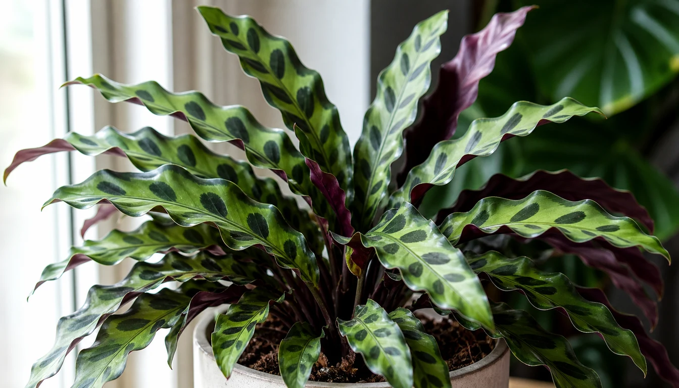 Close view of rattlesnake plant leaves showing dark oval markings and purple undersides