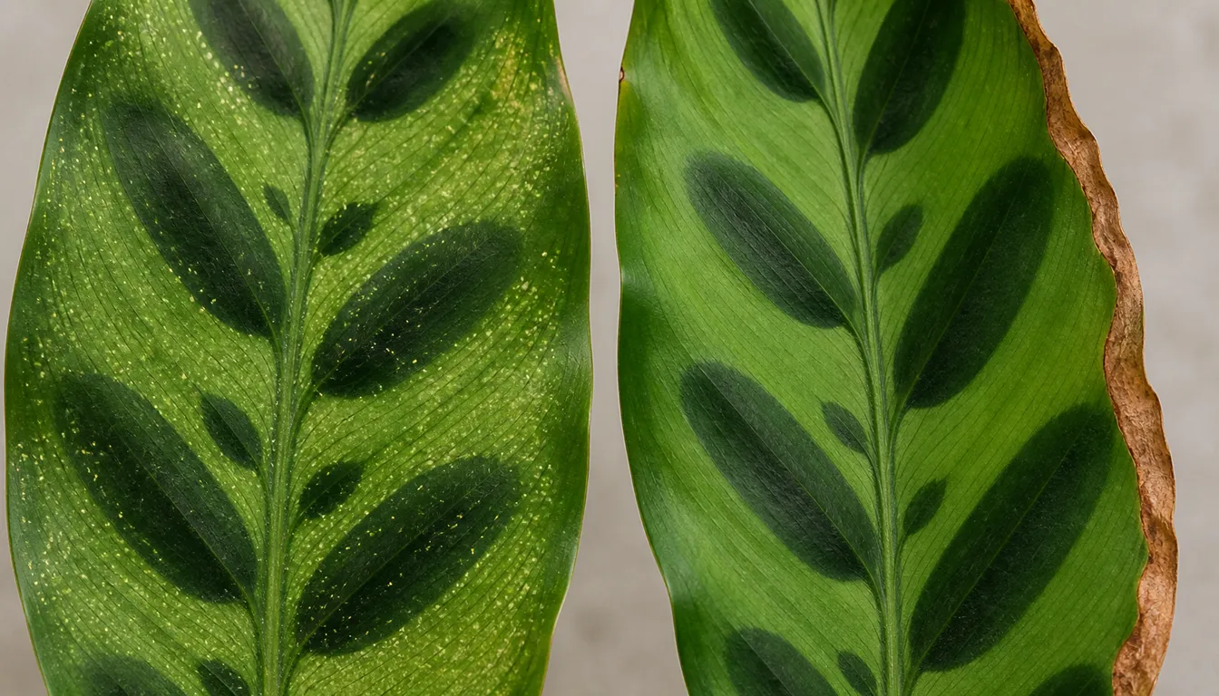 Close comparison of a rattlesnake plant leaf underside with pale mite stippling beside a leaf edge showing dry crisp burn.