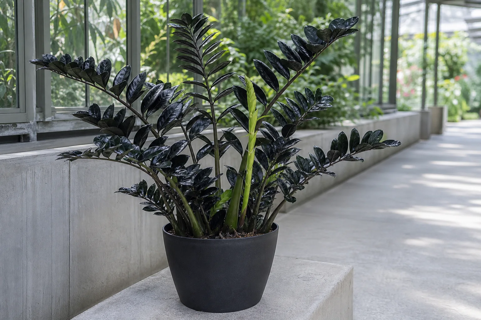 Raven ZZ Plant with one lime-green spear rising through glossy purple-black foliage