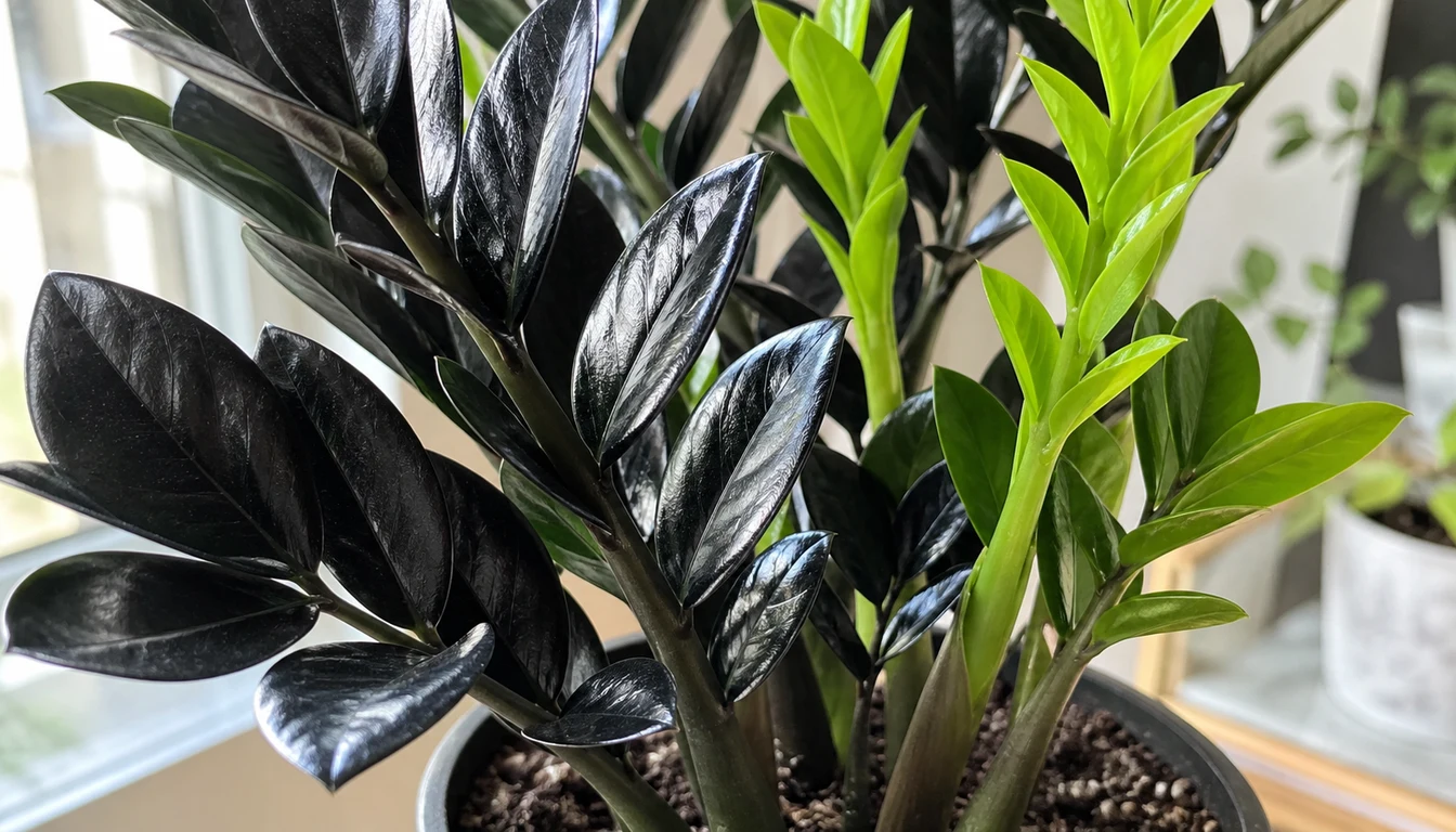 Raven ZZ leaflets changing from lime green through olive to glossy purple-black