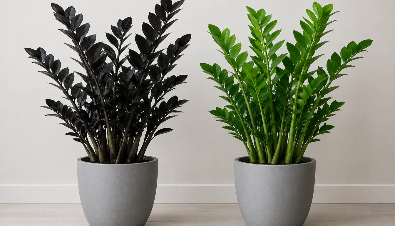 Near-black Raven ZZ foliage beside green ZZ foliage in matching gray pots