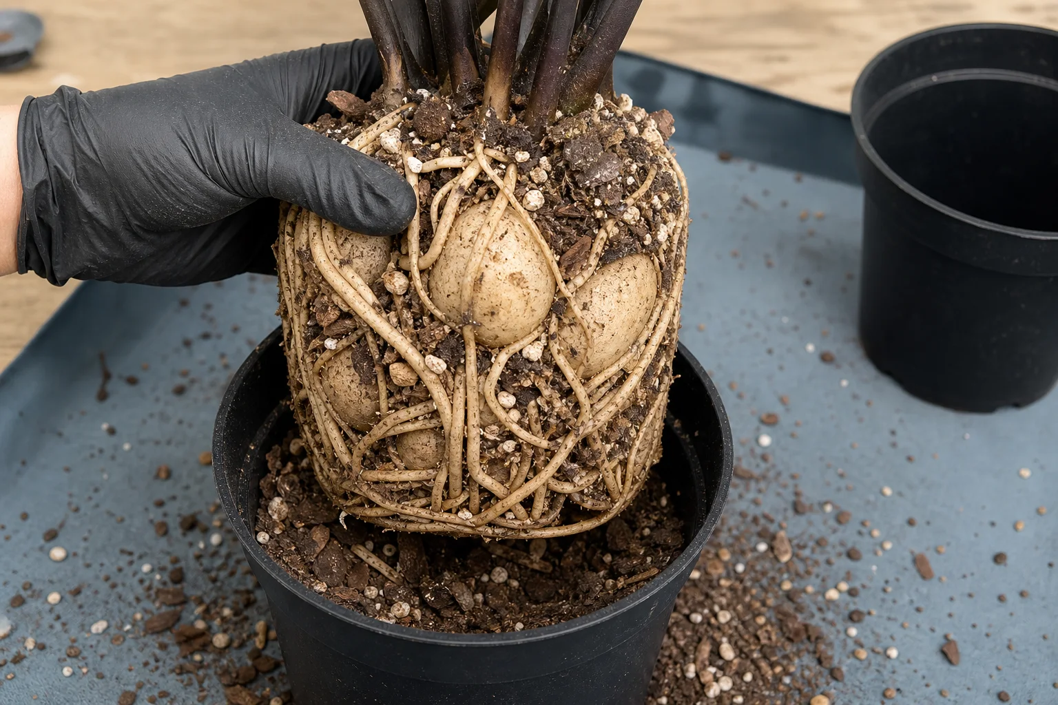 Firm pale Raven ZZ rhizomes and thick roots lifting from a crowded black nursery pot on a blue-gray repotting mat
