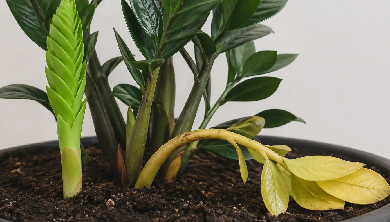 A green upright ZZ spear beside a yellow compound leaf bent toward the soil