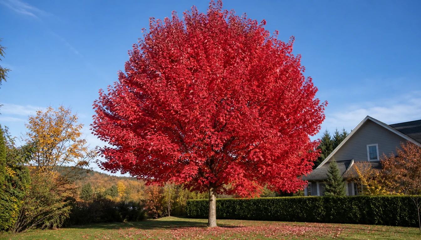Mature red maple standing alone on a suburban lawn with its whole rounded crown turned brilliant scarlet in autumn, smooth gray trunk below and fallen red leaves on the grass