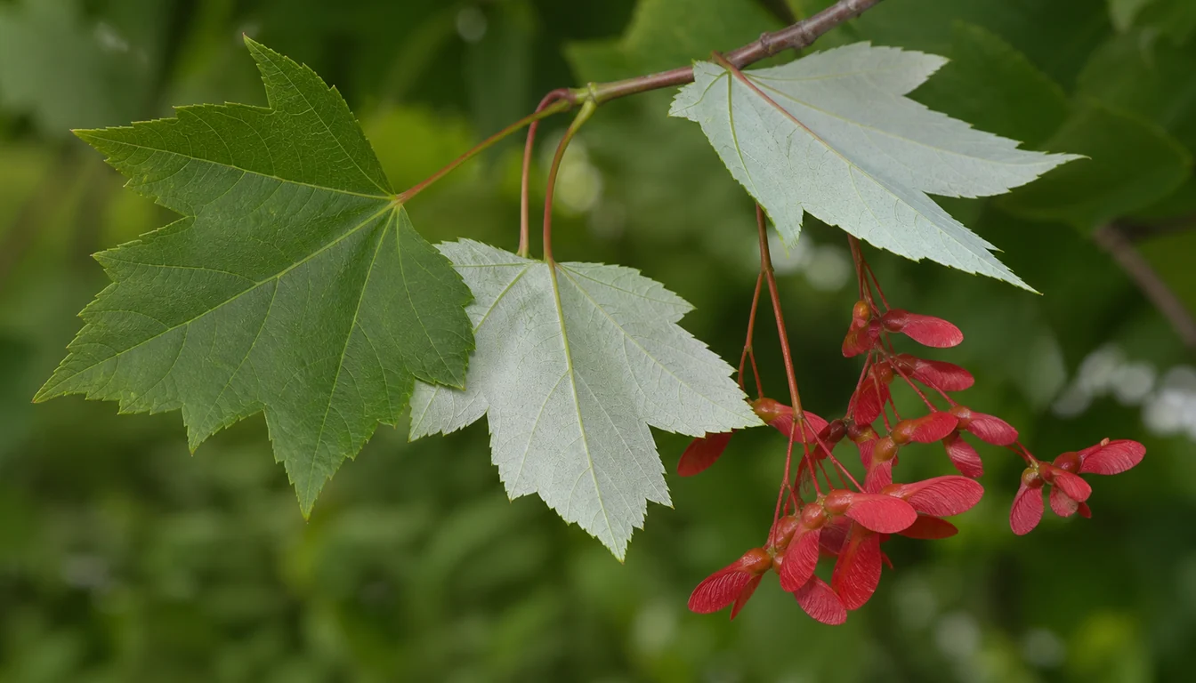 Red maple branch with leaves turned to contrast the green upper surface against the pale silvery-white underside, hanging beside a cluster of bright red paired winged samaras