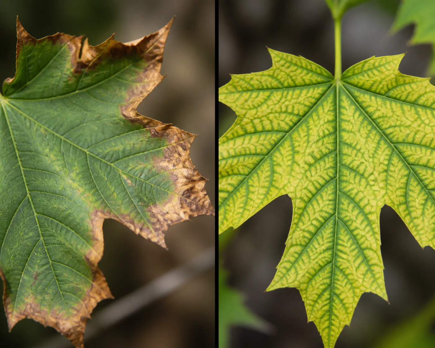 Side-by-side maple leaf comparison showing crisp brown drought-scorched edges on one leaf and pale yellow-green tissue between dark green veins from chlorosis on another