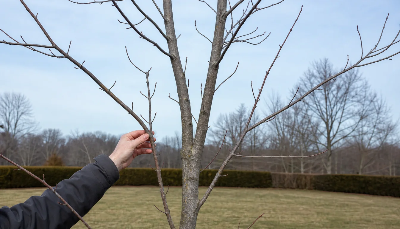 Young dormant red maple with two upright competing leaders and broad-angle side branches ready for phased structural pruning