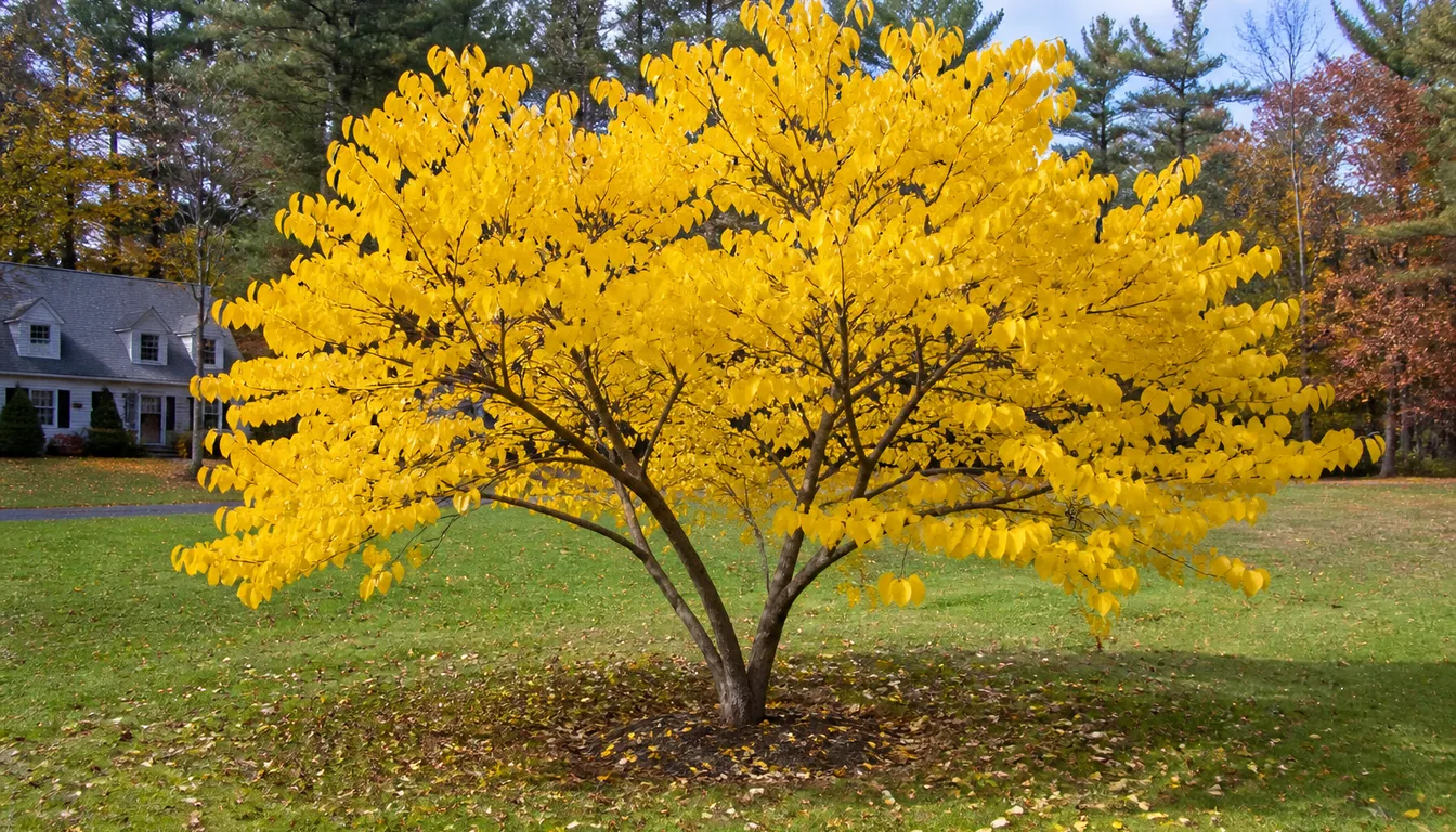 A whole redbud on a lawn in October, its heart-shaped leaves turned clear bright yellow across a low spreading crown on a short divided trunk, no flowers