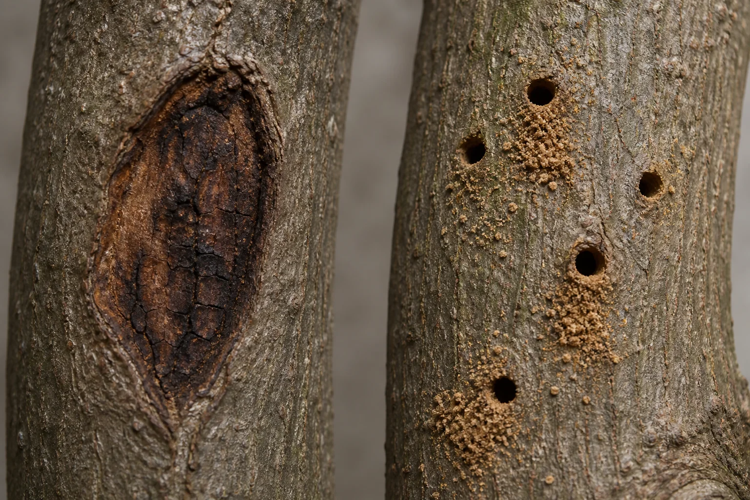 A redbud branch with a sunken discolored canker patch beside a branch with small round borer exit holes and sawdust-like frass.