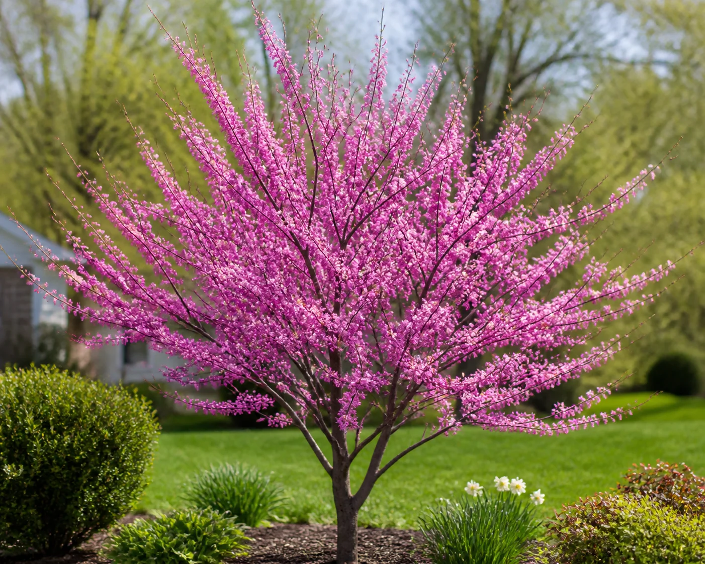 Redbud tree in full spring bloom with pink and magenta flowers covering bare branches