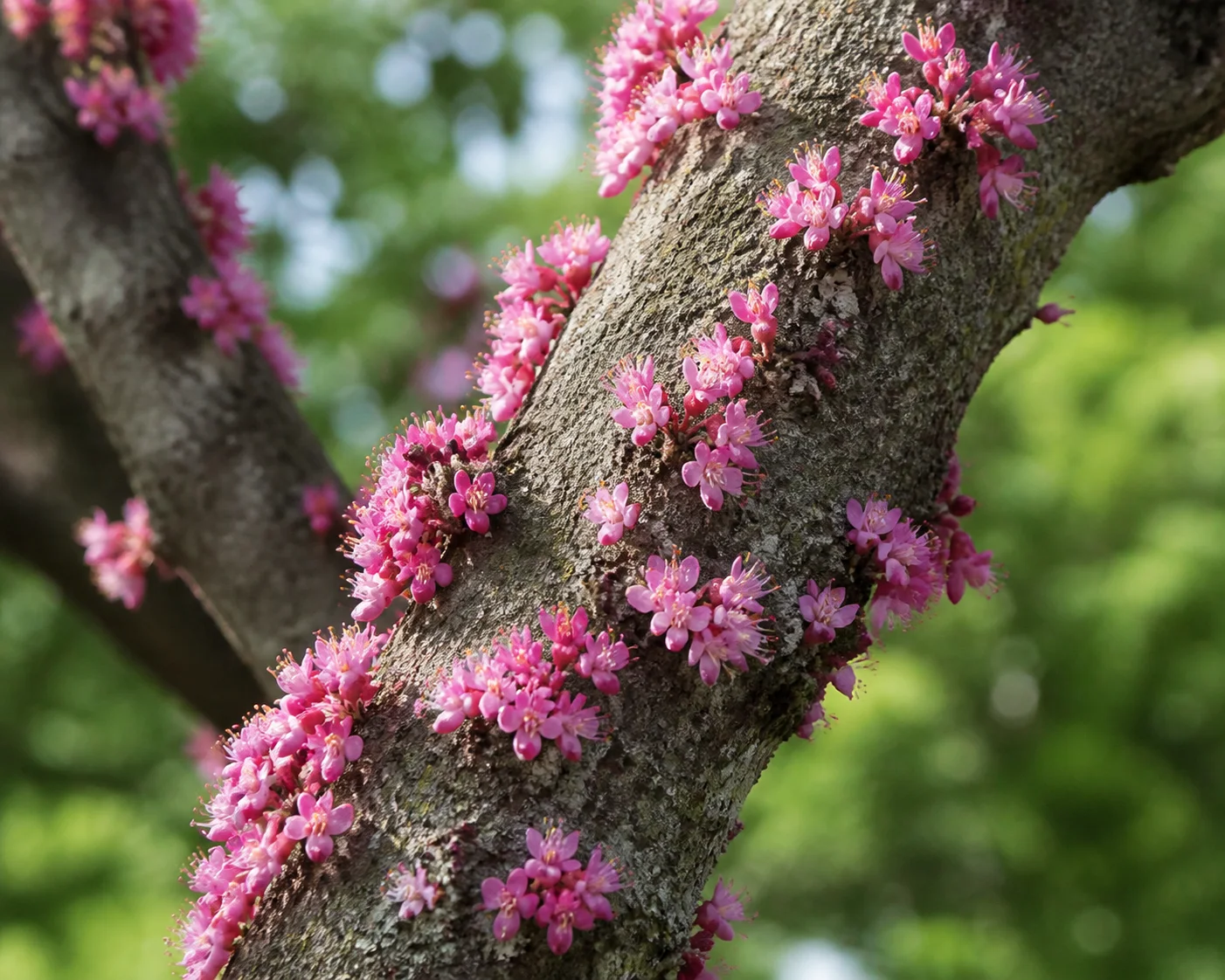 Close view of pink Redbud flowers blooming directly from the trunk and branch bark