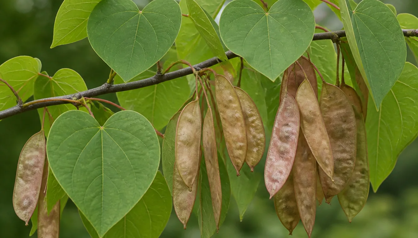 A redbud branch in late summer with broad heart-shaped leaves and clusters of flat papery bean pods hanging among them, no flowers present
