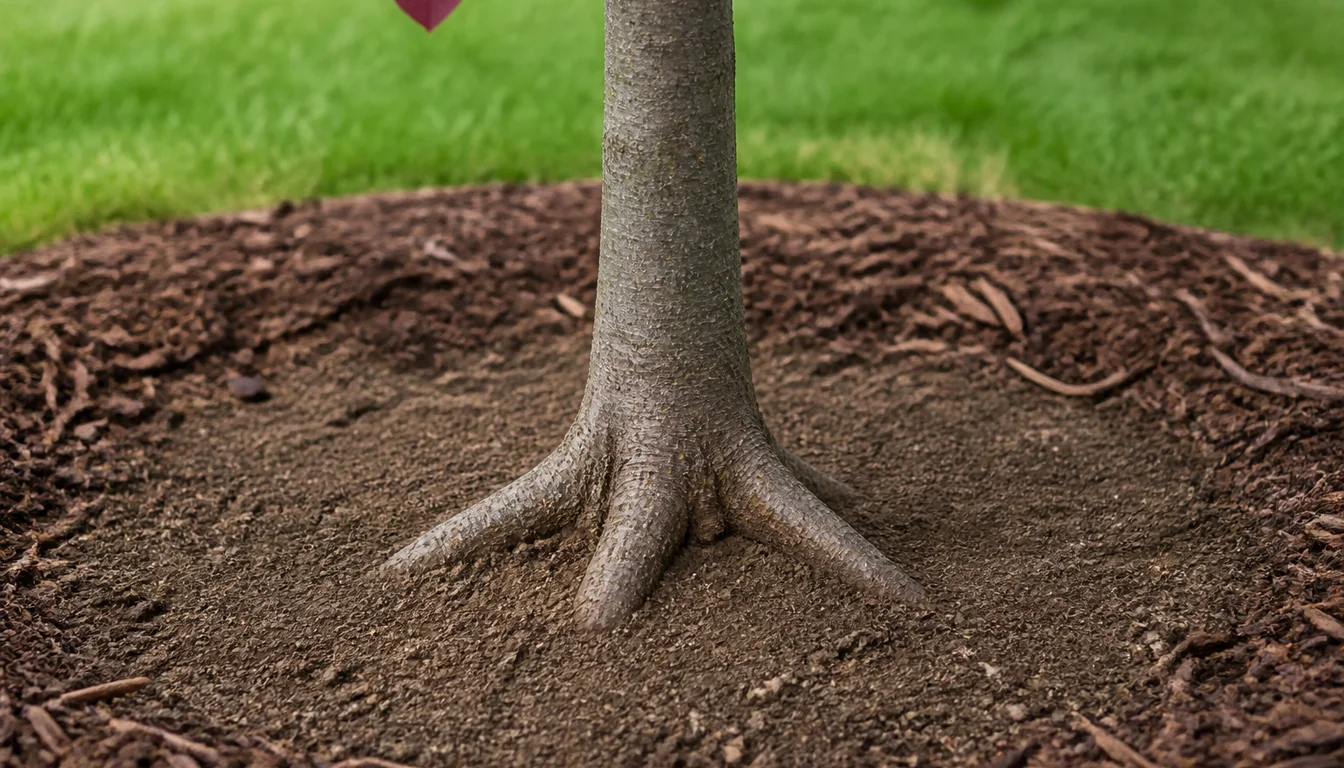 Newly planted redbud with the root flare visible above a broad mulch ring kept away from the trunk