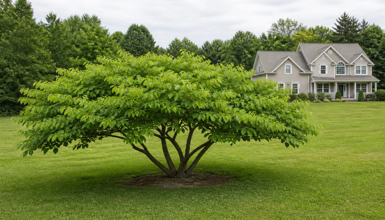 A small redbud on a lawn in summer leaf with no flowers, its crown low and spreading wider than it is tall on a short trunk dividing into several leaning limbs