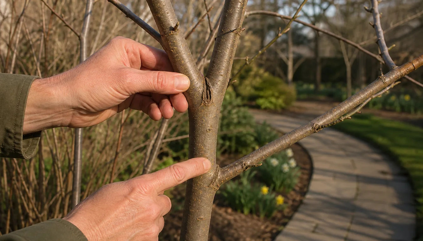 Hands comparing a tight V-shaped fork with a wider redbud branch attachment on a young tree