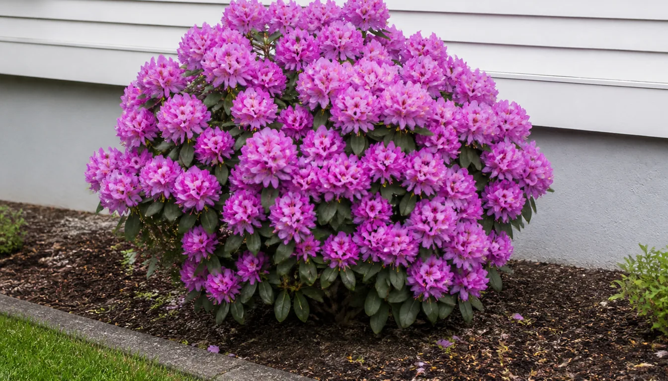 A compact rhododendron in flower, a low rounded shrub filling a narrow foundation bed with clear space either side