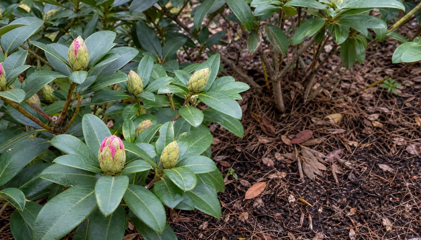 Rhododendron flower buds beside broad evergreen leaves and shallow mulch around the crown