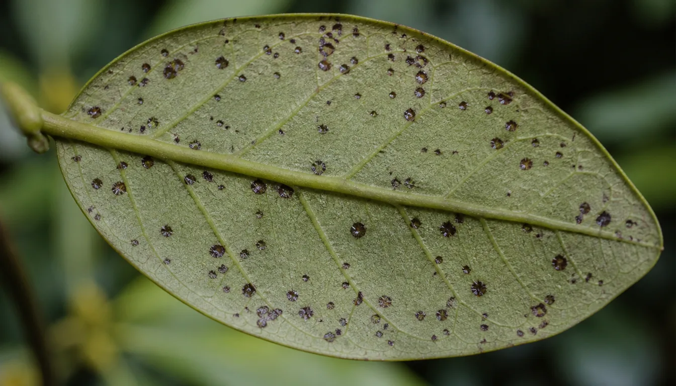 The underside of a stippled rhododendron leaf carrying scattered dark shiny specks between the veins
