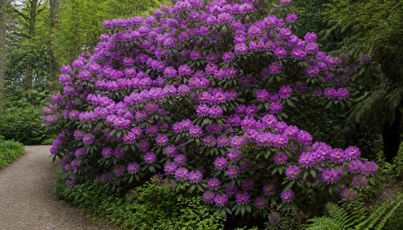 A large mature rhododendron in flower, taller than a person and layering outward well past its base beside a garden path