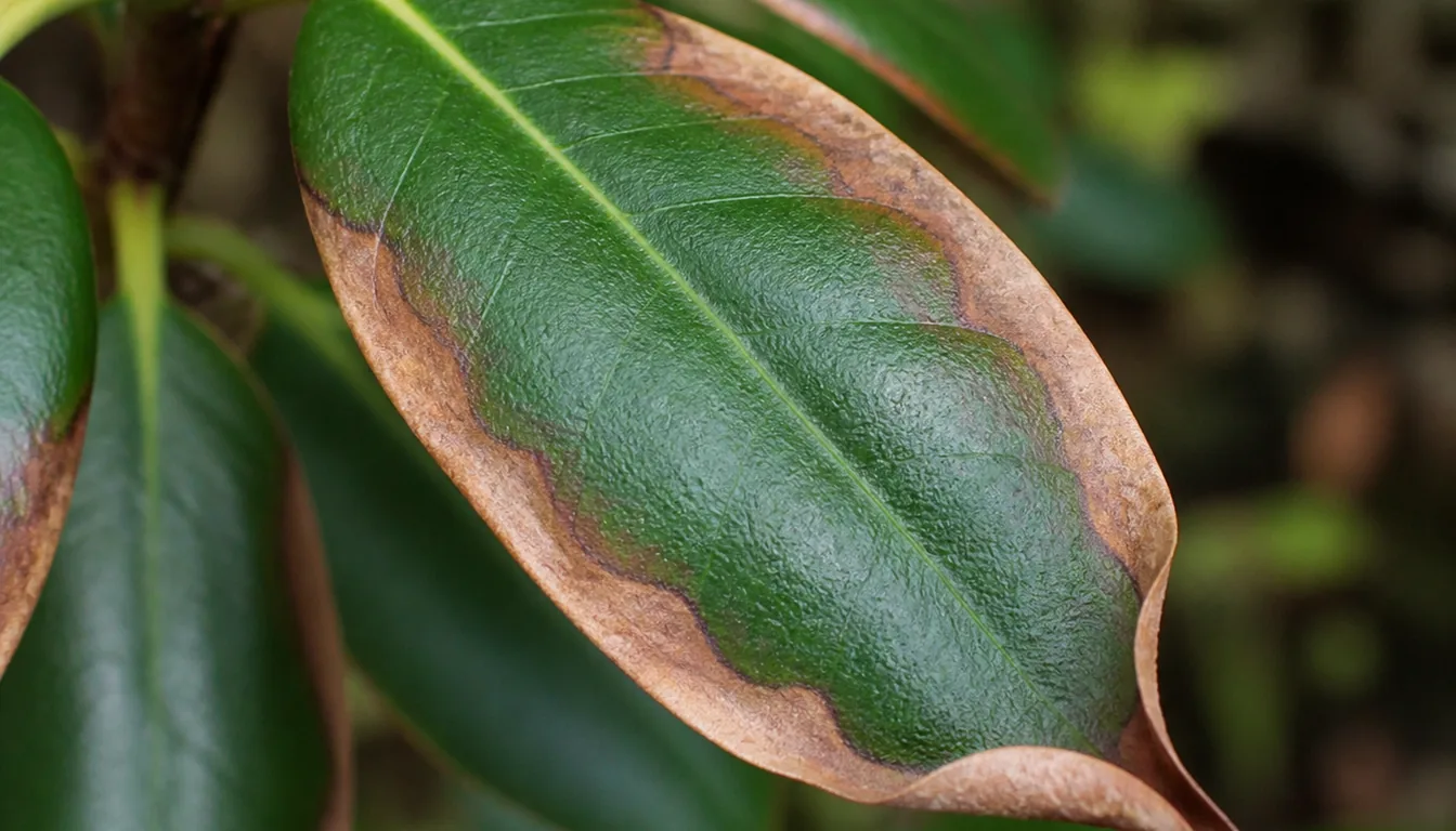 A rhododendron leaf browned along its margin and tip with the center still deep green and the edge curling