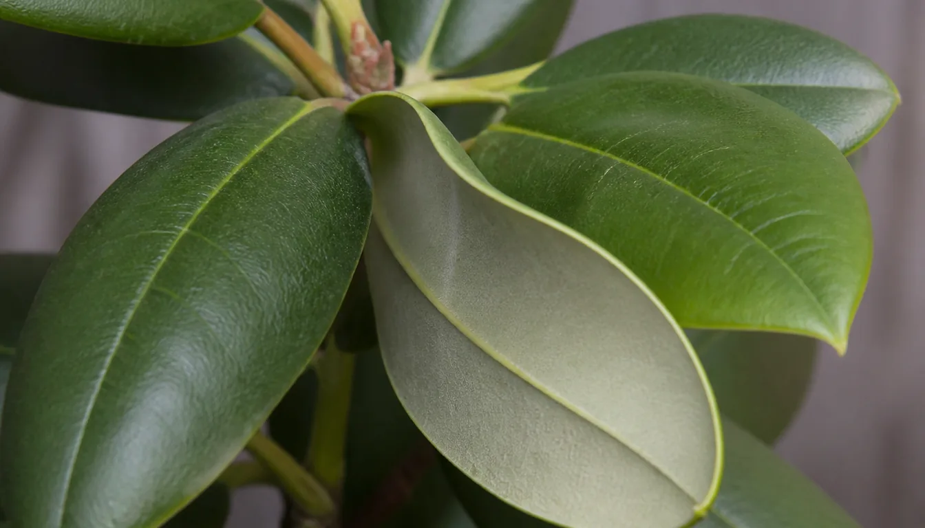 Broad thick leathery evergreen rhododendron leaves, one turned to show its paler matte underside