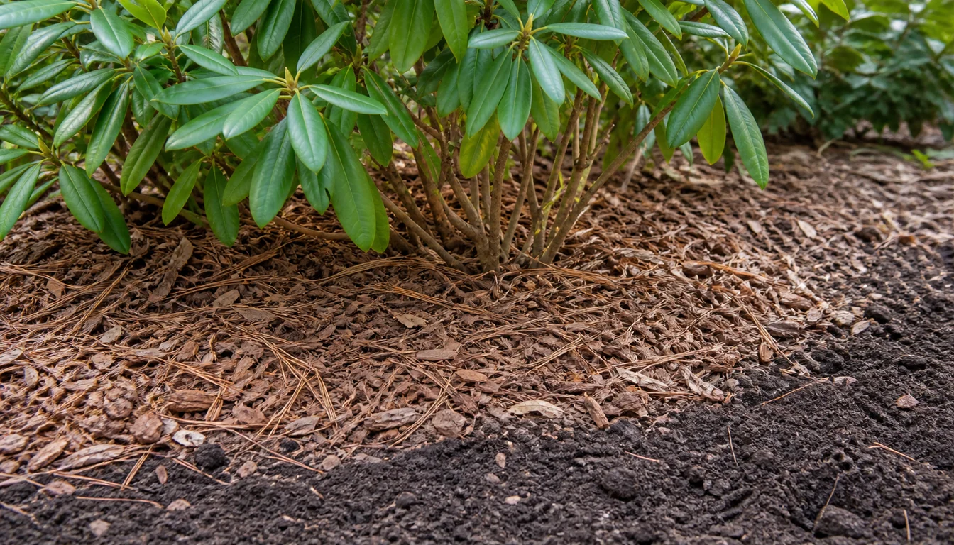 Rhododendron lower stems with pine bark mulch spread wide over a shallow acidic root bed
