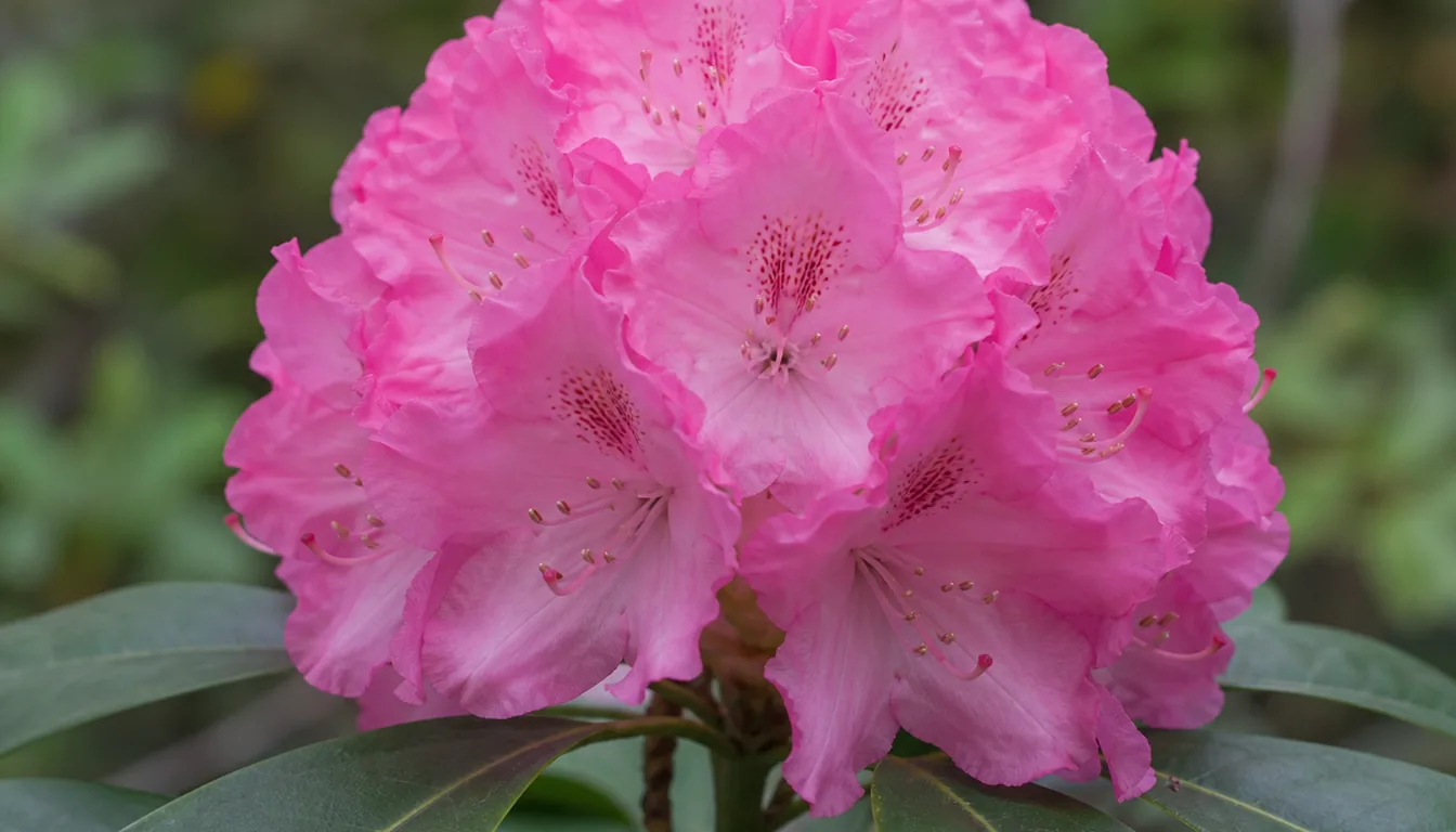 One rounded rhododendron truss, many pink bell-shaped flowers held together on a single stalk above the leaves