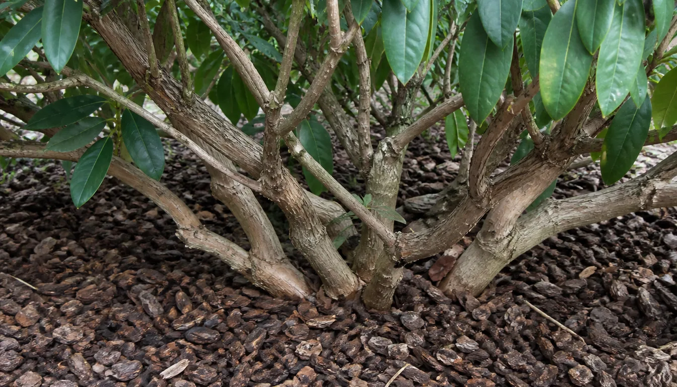 The base of an established rhododendron with several woody stems branching low over shallow bark mulch