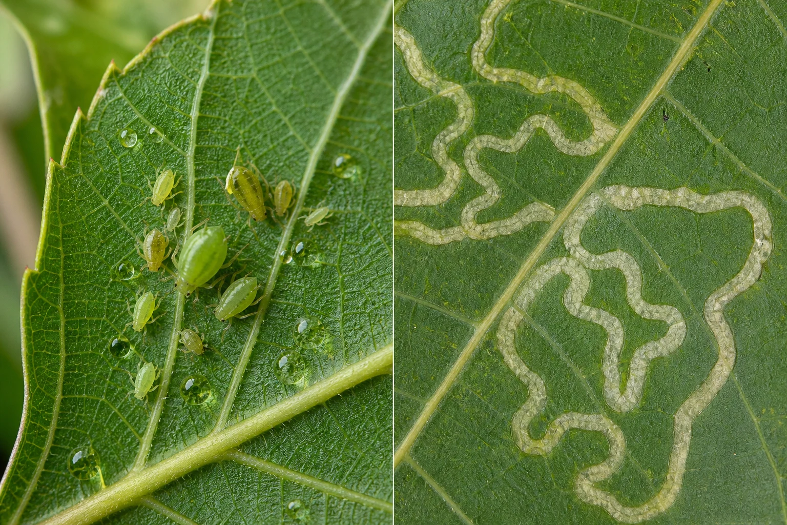 Close comparison of clustered aphids with sticky honeydew on a leaf beside pale squiggly leafminer trails tunneled inside a River Birch leaf