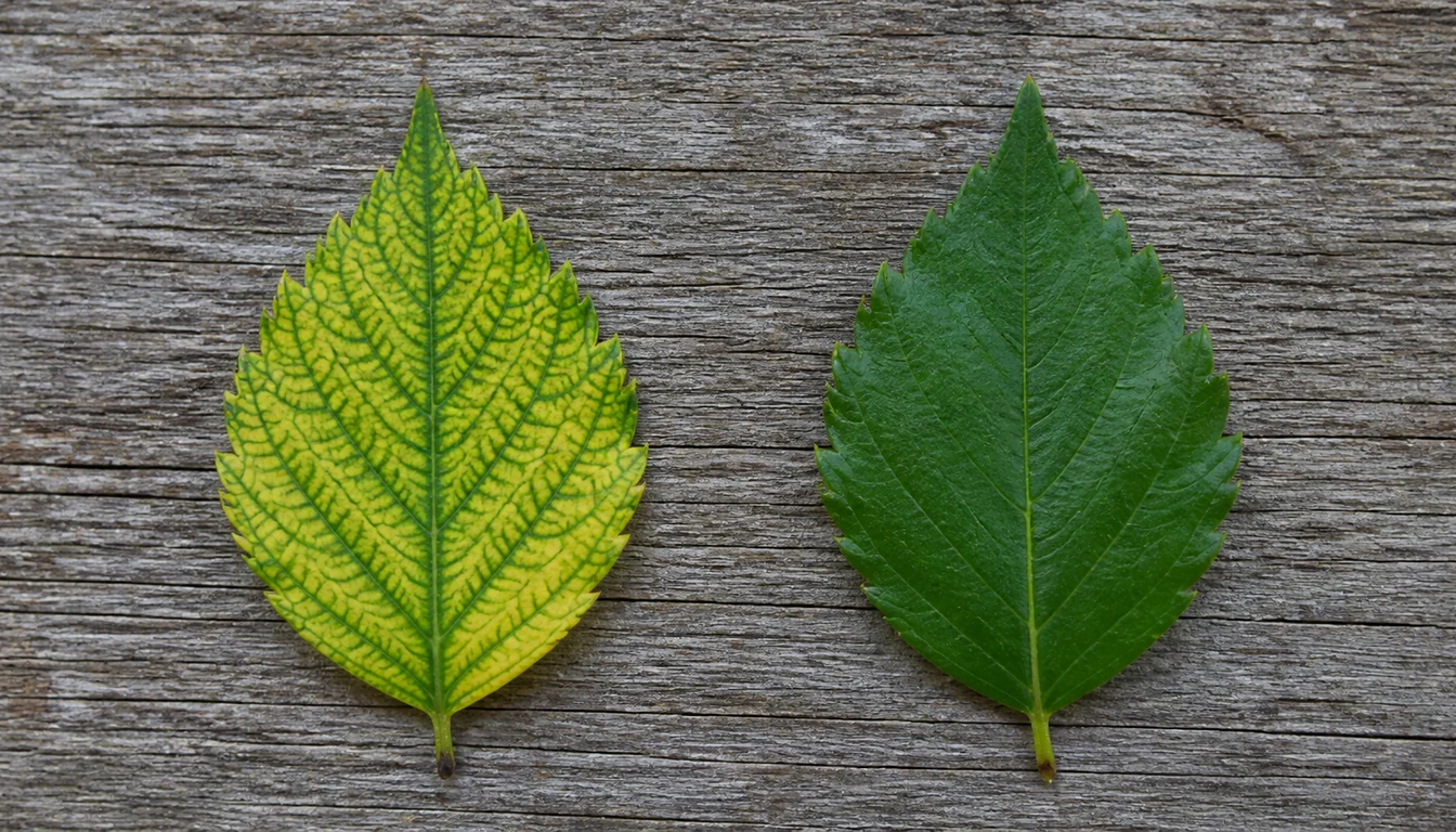 Two doubly serrated River Birch leaves on gray weathered wood, the left one yellow between the veins with the whole vein network still dark green, the right one evenly deep green