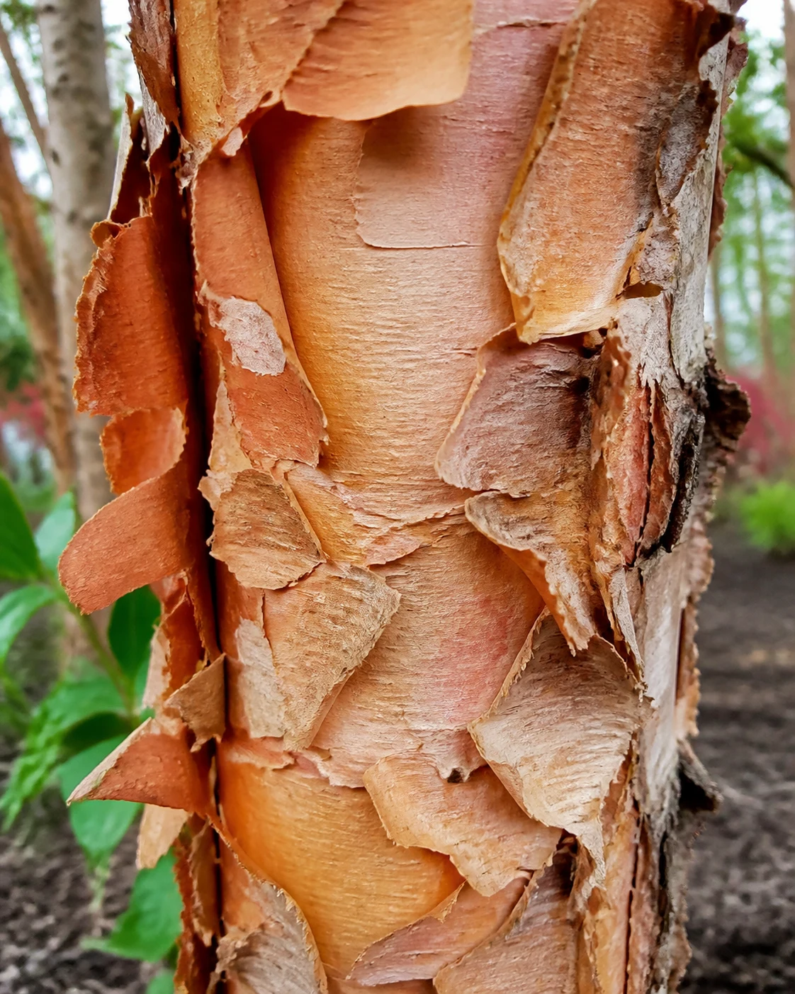 Close view of River Birch's exfoliating salmon-brown and tan peeling bark texture
