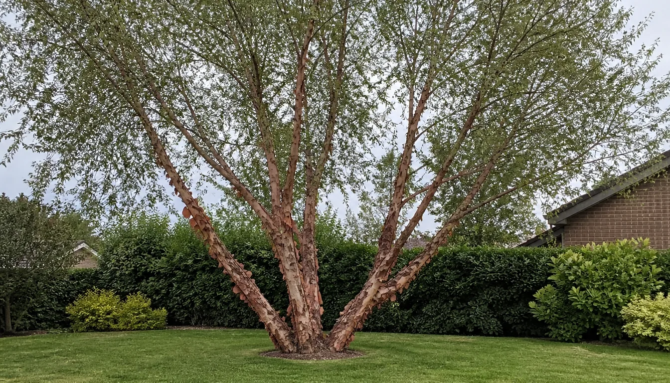 A river birch on a lawn growing as four trunks from one point, leaning apart into a broad vase, their bark salmon and cinnamon