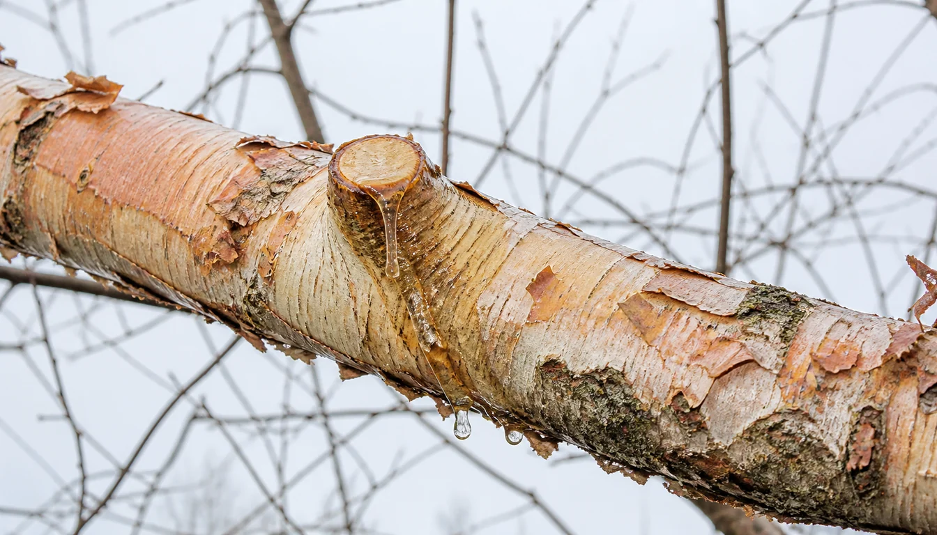 Clear sap running out of a freshly cut branch stub on a peeling birch limb in winter and dripping from the underside, with bare twigs behind