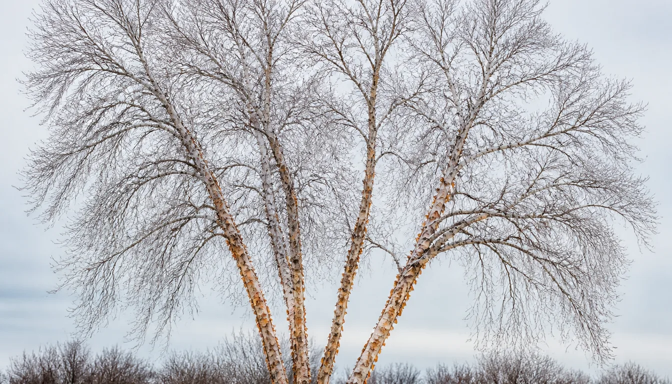 A bare multi-stem river birch on a frosted lawn in midwinter, its four leaning trunks and their curling salmon and cinnamon bark the whole subject under a pale sky