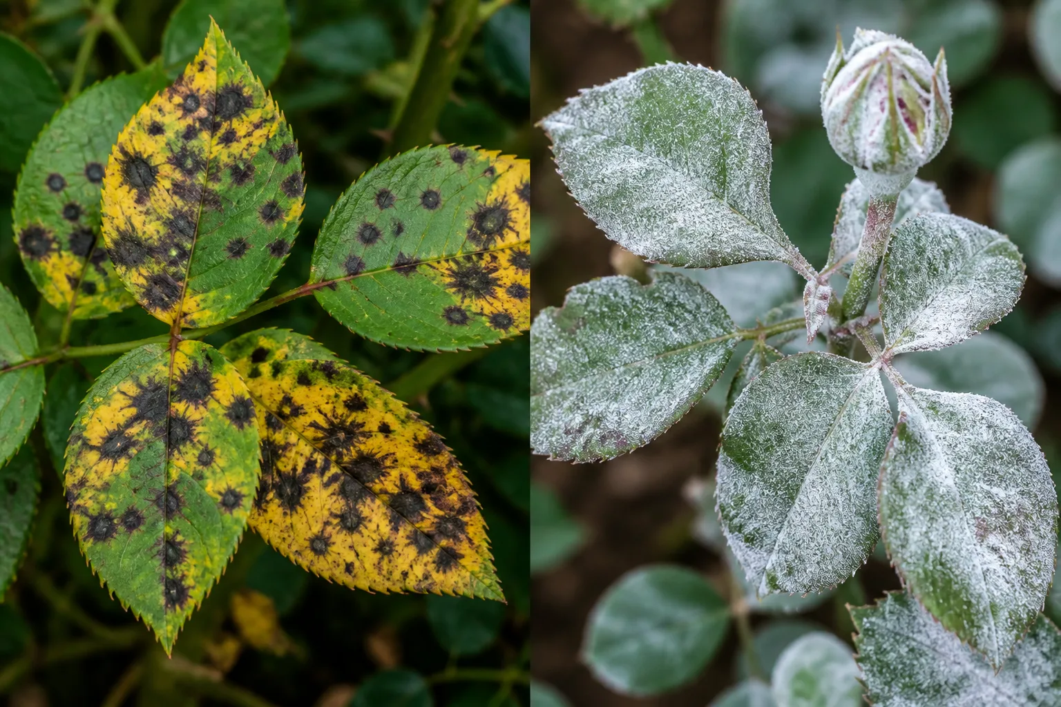 Side-by-side comparison of rose leaves showing black spot disease with black circular spots surrounded by yellowing tissue on the left versus powdery mildew as a white powdery coating on leaves and a bud on the right