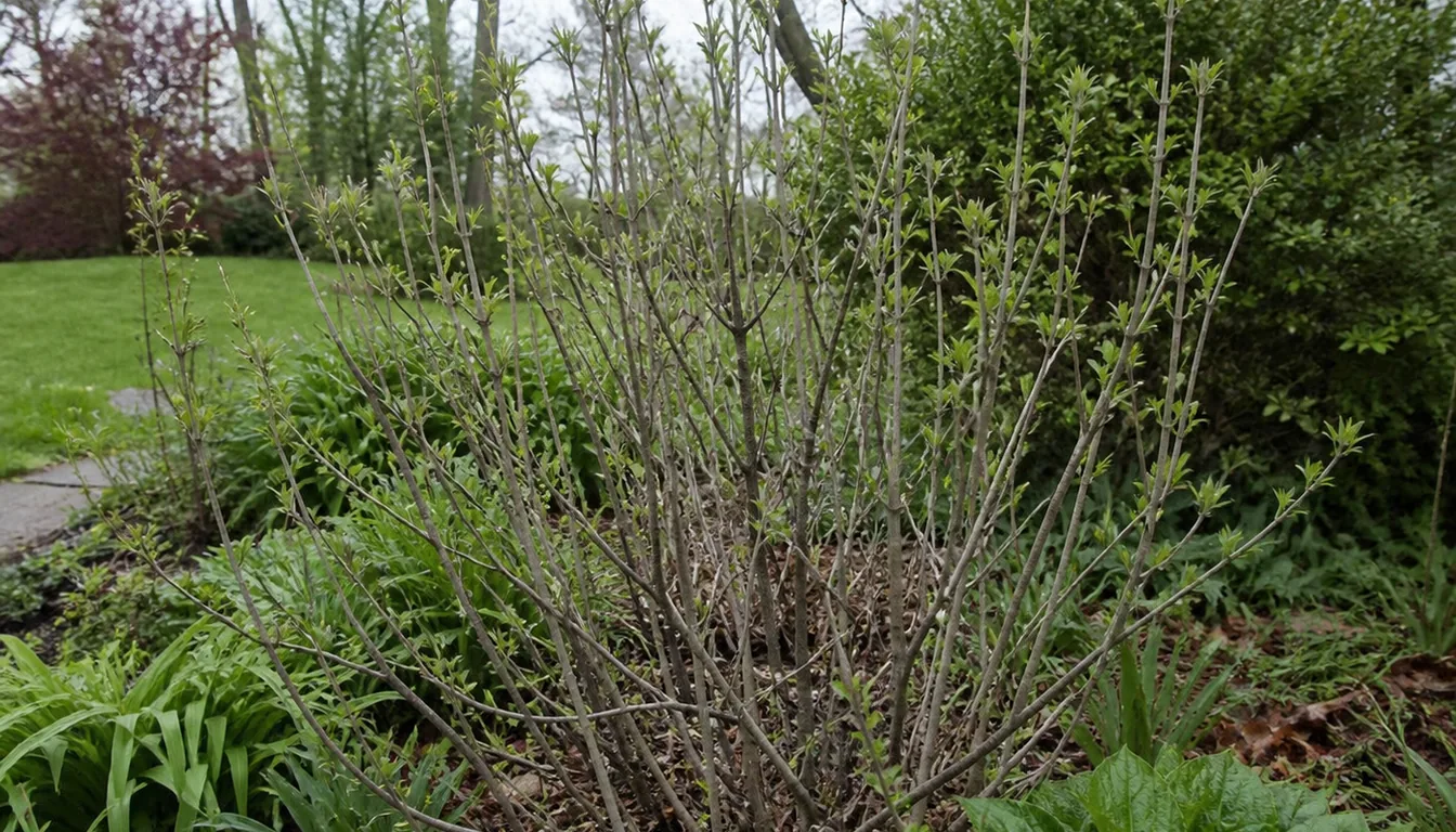 A Rose of Sharon in late spring, bare gray stems with only small new leaves breaking while the perennials around it are already green