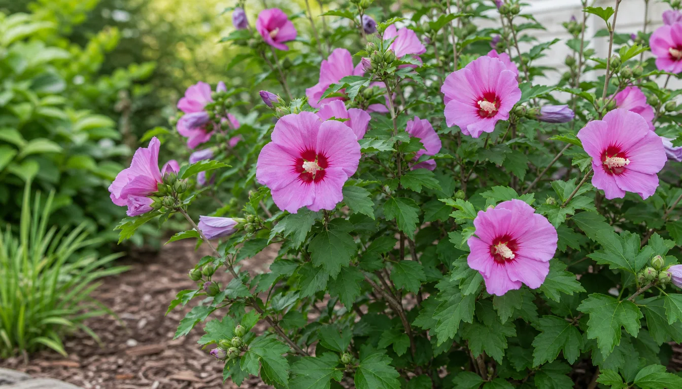 Rose of Sharon shrub with pink hibiscus flowers in a sunny late-summer mixed border