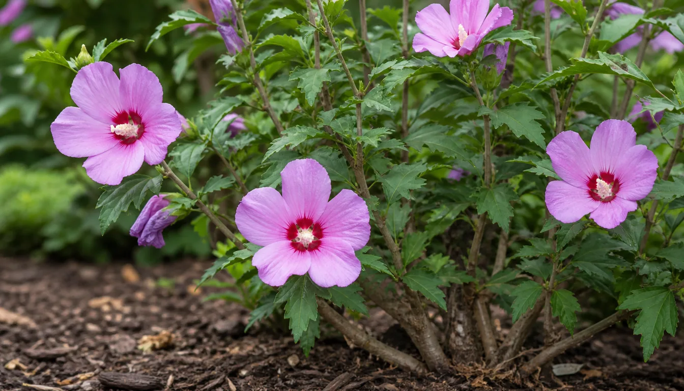 Close view of a Rose of Sharon flower with unopened buds on a woody branch