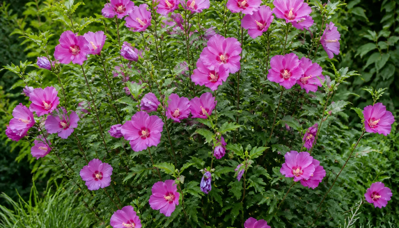 The same kind of shrub in late summer, covered in open pink hibiscus flowers on leafy new shoots