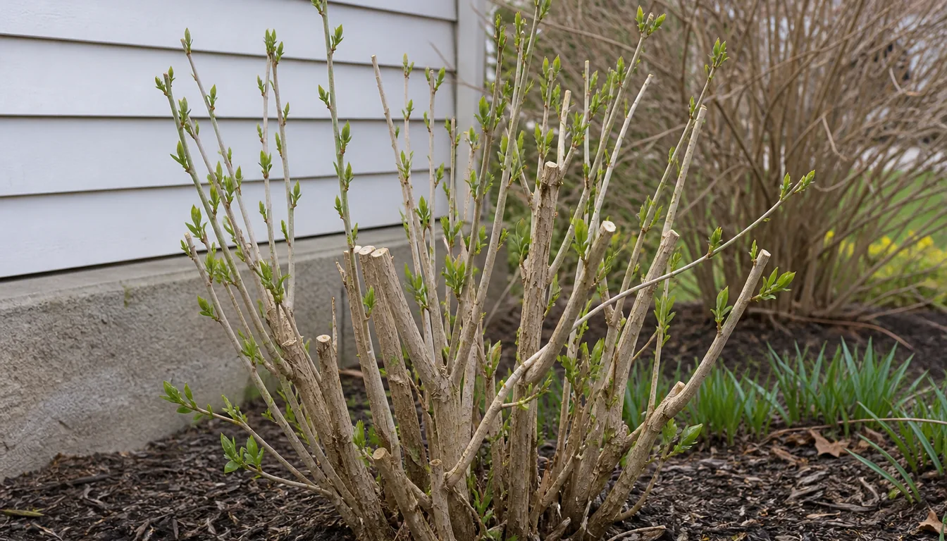 Rose of Sharon with late-winter renewal cuts beside fresh shoots that will carry summer flowers