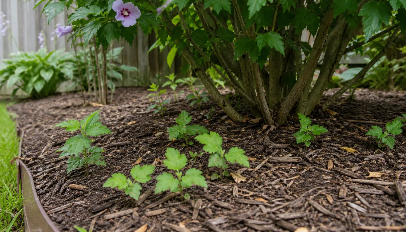Small Rose of Sharon volunteer seedlings growing in mulch under a mature shrub